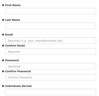 A clickable image showing different entry fields with directions to enter “First Name, Last Name, Email, confirm Email, Password, Confirm Password, Individuals Served” and a prompt to “Check the final box to confirm activation